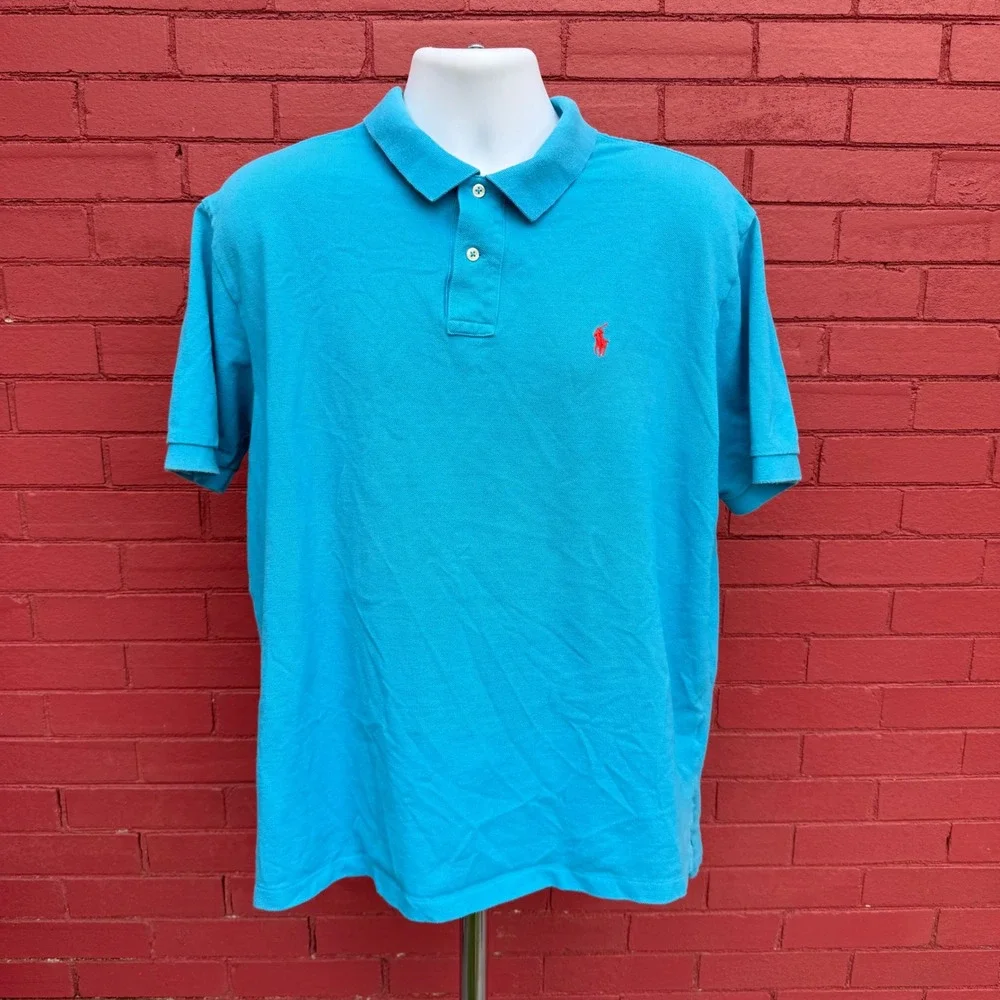 Ralph Lauren Polo Shirt Mens XXL Aqua Blue‎ Red Pony Logo Short Sleeve Cotton